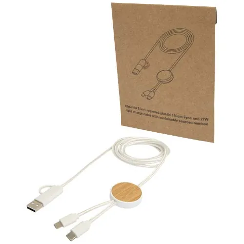 Câble 5 en 1 Chechia en plastique recyclé de 150 cm pour la synchronisation des données et la charge rapide de 27 W avec détails en bambou